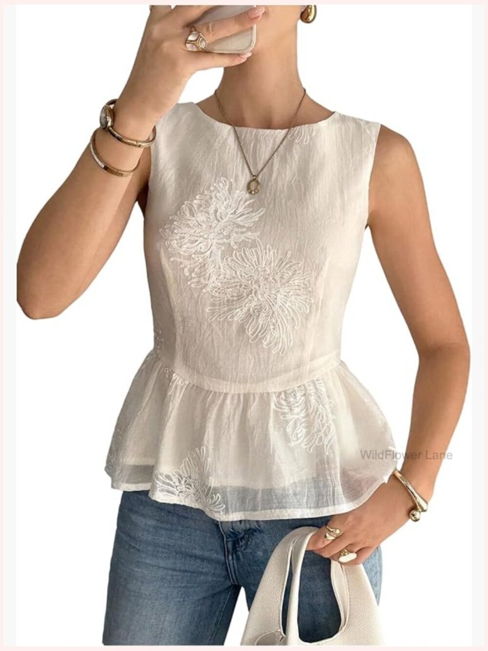 Sleeveless Jacquard Tank Top with Ruffled Peplum - Crewneck Blouse